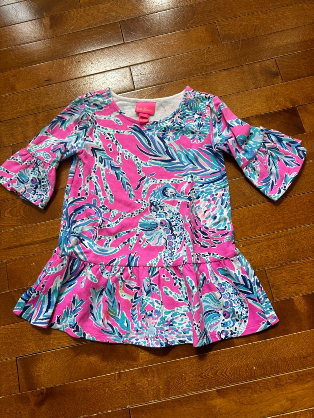 Lillly Pulitzer Girls Pink Tropical Print Ruffle Dress